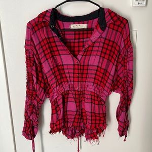 Free People Pacific Dawn Red + Pink plaid cinched shirt